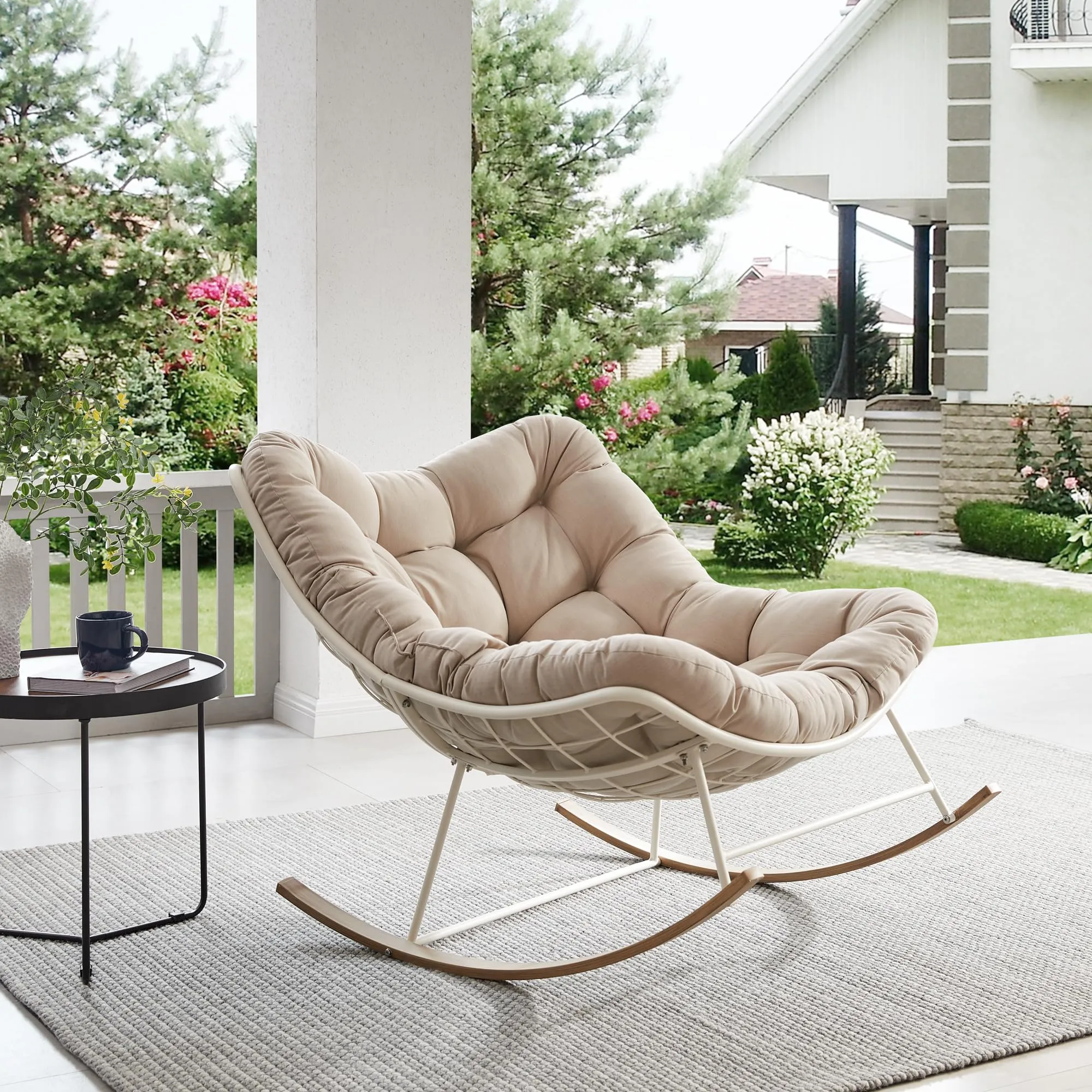 Outdoor Rocking Chair, Oversized Comfy Reading chair with Padded Cushion, Patio Rocking Chair for Backyard, Front Porch, and Living Room(Beige)