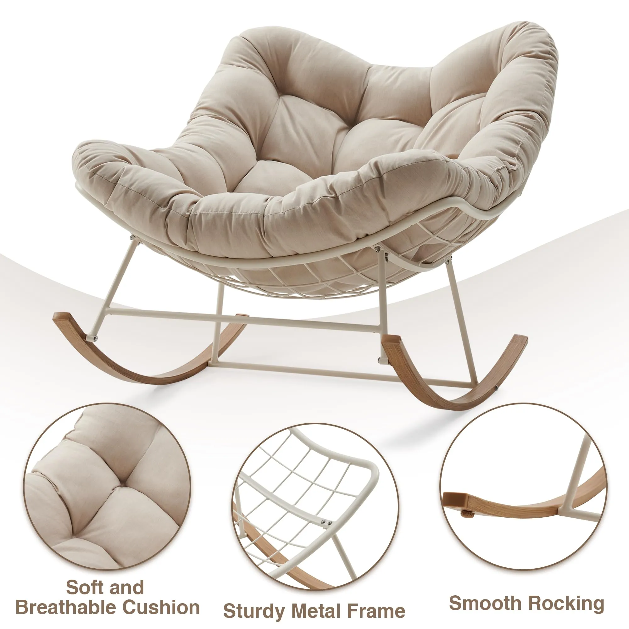 Outdoor Rocking Chair, Oversized Comfy Reading chair with Padded Cushion, Patio Rocking Chair for Backyard, Front Porch, and Living Room(Beige)