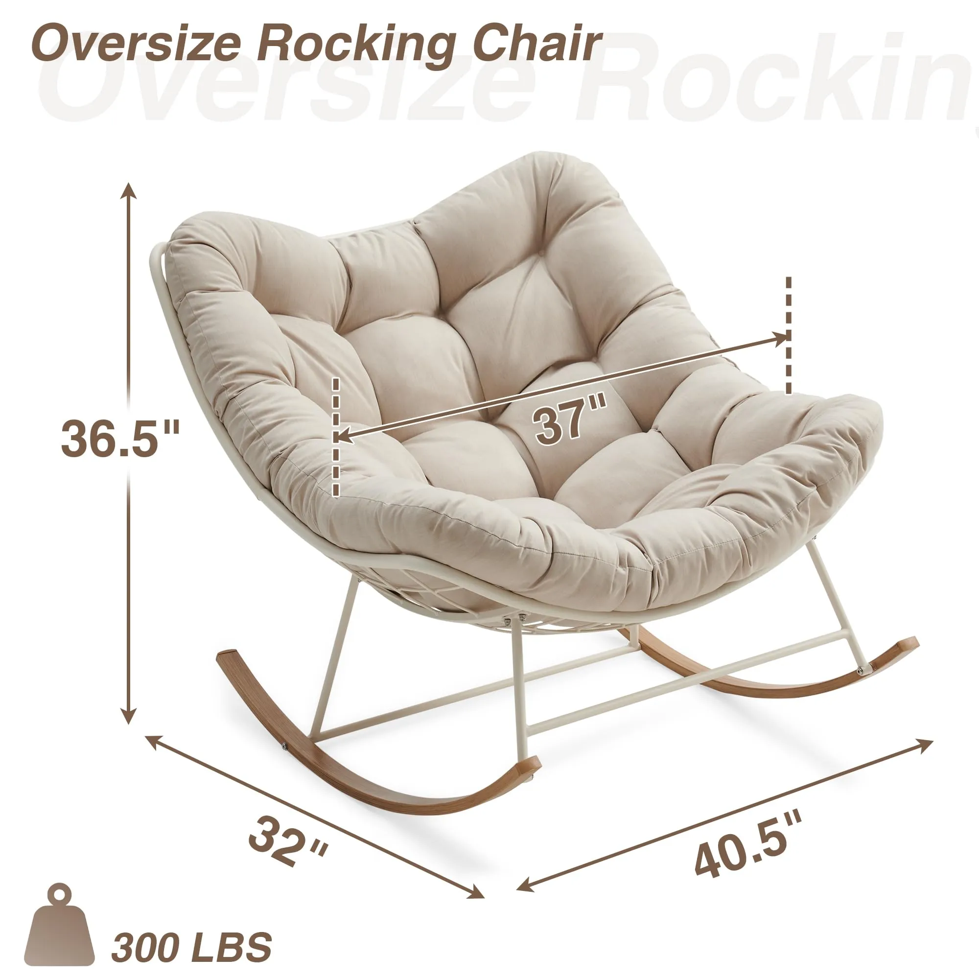Outdoor Rocking Chair, Oversized Comfy Reading chair with Padded Cushion, Patio Rocking Chair for Backyard, Front Porch, and Living Room(Beige)