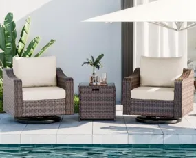 Outdoor Swivel Patio Chairs with Table Set, 360° Rotating 3 Pieces Brown Rattan Sofa Furniture Conversation Set for Garden Porch Balcony Deck (Brown Rattan, Beige Cushion) Outdoor Swivel Patio Chairs with Table Set, 360° Rotating 3 Pieces Brown Rattan Sofa Furniture Conversation Set for Garden Porch Balcony Deck (Brown Rattan, Beige Cushion)