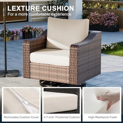 Outdoor Swivel Patio Chairs with Table Set, 360° Rotating 3 Pieces Brown Rattan Sofa Furniture Conversation Set for Garden Porch Balcony Deck (Brown Rattan, Beige Cushion)