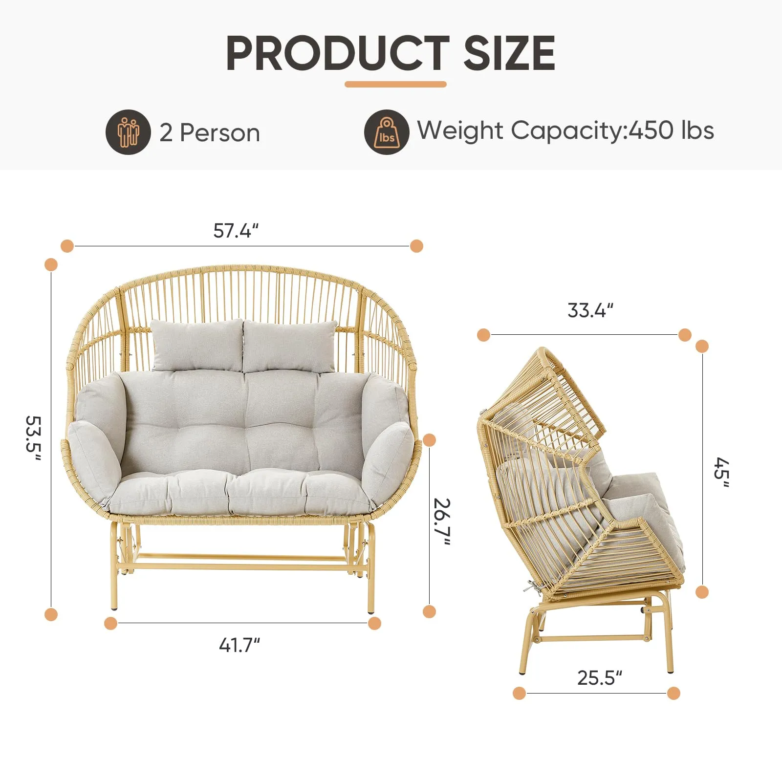 Patio Chairs Outdoor Egg Chair - 2 Person Wicker Rocking Glider Chair Rattan Patio Lounge Rocker Chairs with Cushion and Pillow for Outside Porch Deck Backyard Garden(Yellow/Beige)