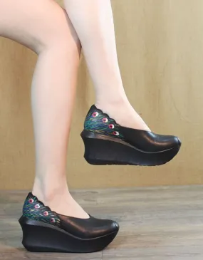 Peacock Print Leather Elegant Wedge Sandals Peacock Print Leather Elegant Wedge Sandals