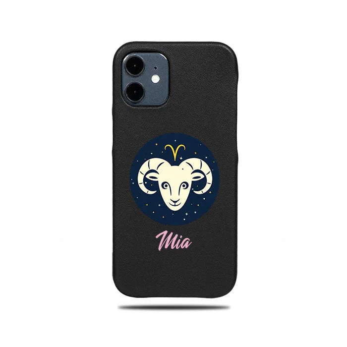 Personalized Aries iPhone 12 Black Leather Case
