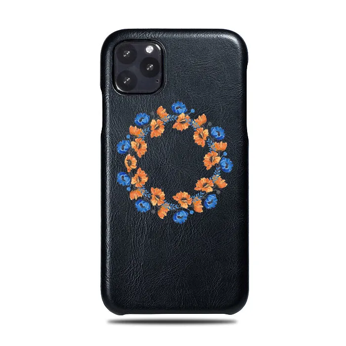Personalized Orange & Blue Flowers iPhone 11 Pro Max Black Leather Case