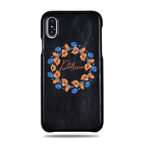 Personalized Orange & Blue Flowers iPhone Xs Max Black Leather Case Personalized Orange & Blue Flowers iPhone Xs Max Black Leather Case