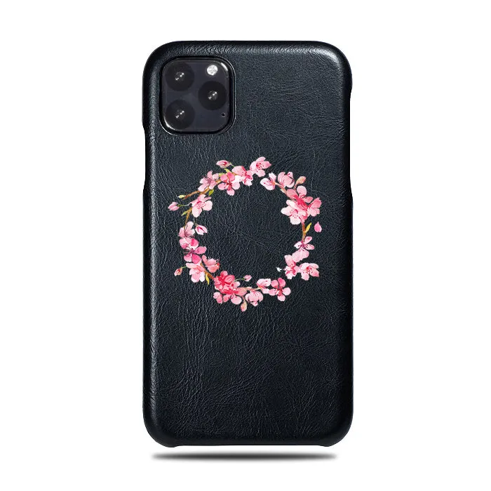 Personalized Pink Flowers iPhone 11 Pro Black Leather Case