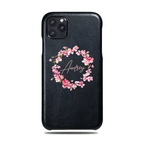 Personalized Pink Flowers iPhone 11 Pro Max Black Leather Case Personalized Pink Flowers iPhone 11 Pro Max Black Leather Case