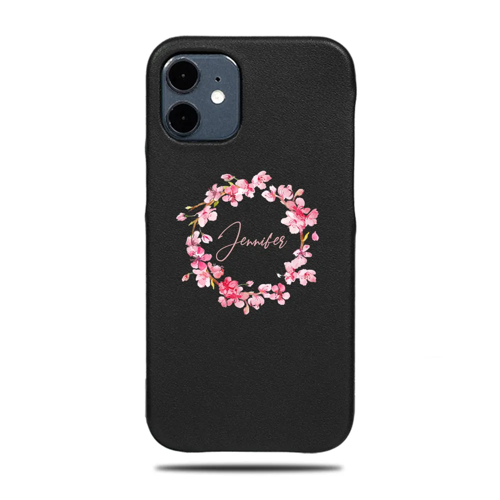 Personalized Pink Flowers iPhone 12 Black Leather Case