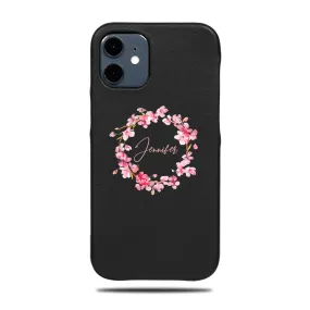 Personalized Pink Flowers iPhone 12 Black Leather Case Personalized Pink Flowers iPhone 12 Black Leather Case