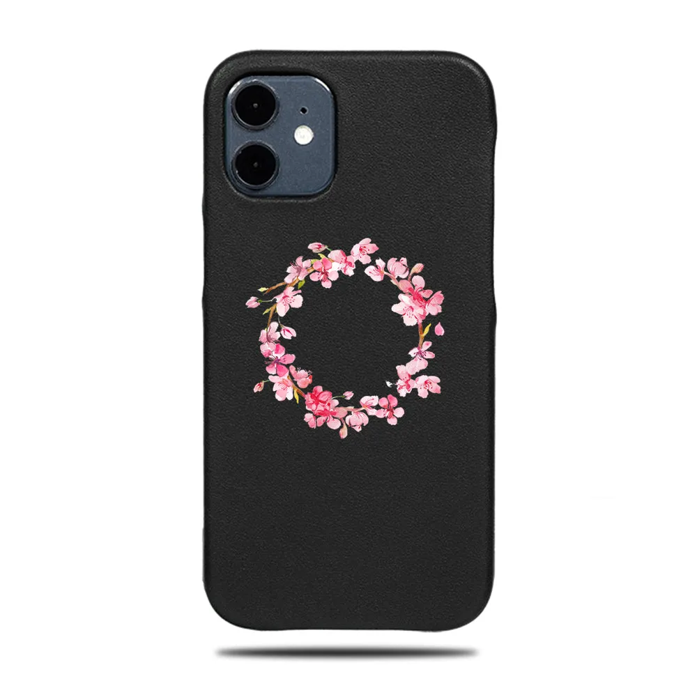 Personalized Pink Flowers iPhone 12 Black Leather Case