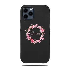 Personalized Pink Flowers iPhone 12 Pro Max Black Leather Case Personalized Pink Flowers iPhone 12 Pro Max Black Leather Case