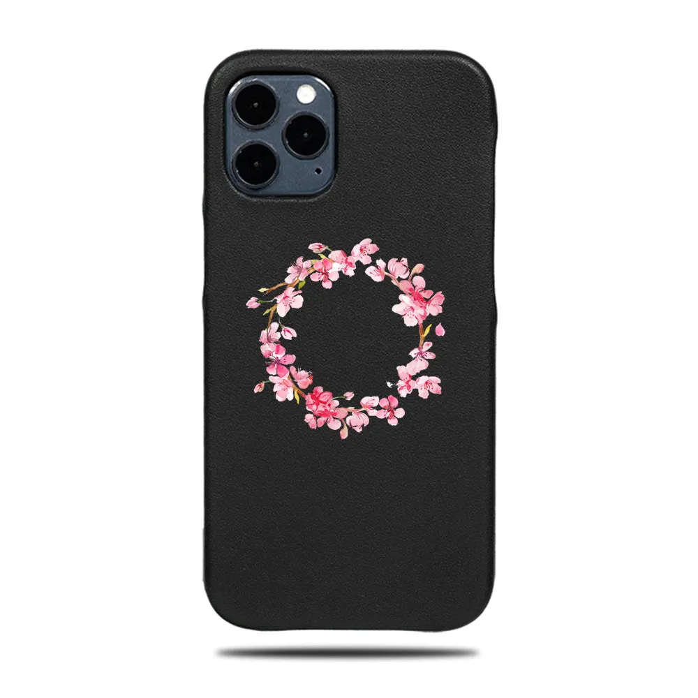 Personalized Pink Flowers iPhone 12 Pro Max Black Leather Case