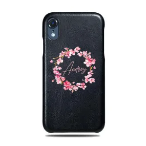 Personalized Pink Flowers iPhone XR Black Leather Case Personalized Pink Flowers iPhone XR Black Leather Case