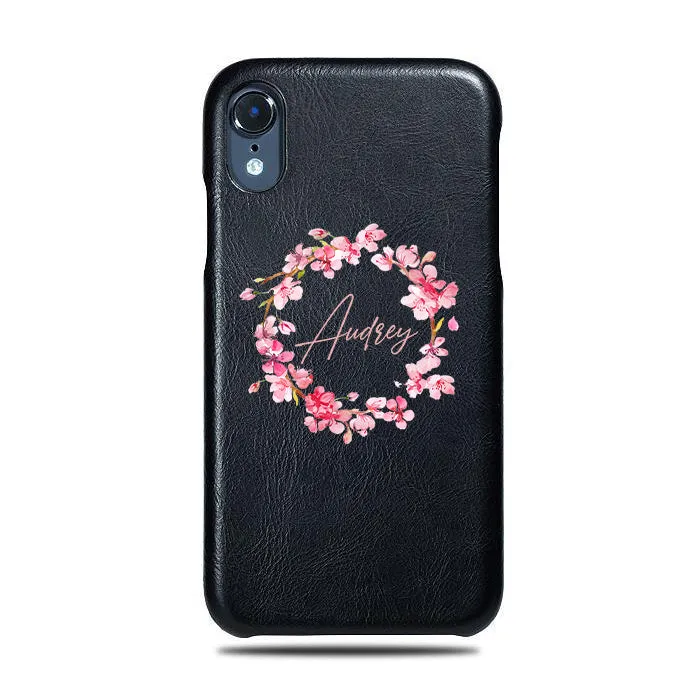 Personalized Pink Flowers iPhone XR Black Leather Case