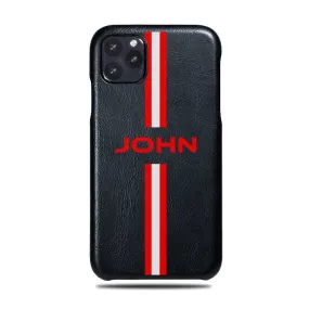 Personalized Red Stripe iPhone 11 Pro Max Black Leather Case Personalized Red Stripe iPhone 11 Pro Max Black Leather Case