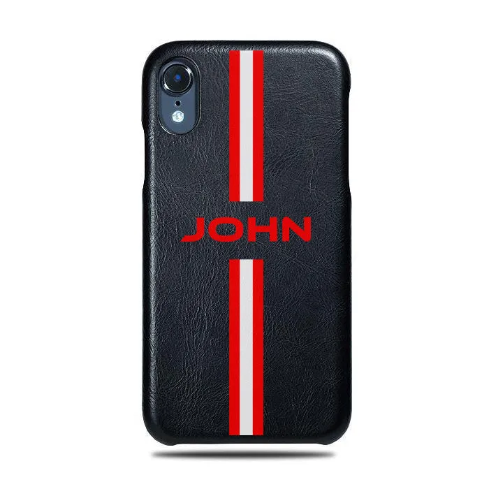 Personalized Red Stripe iPhone XR Black Leather Case