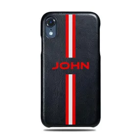 Personalized Red Stripe iPhone XR Black Leather Case