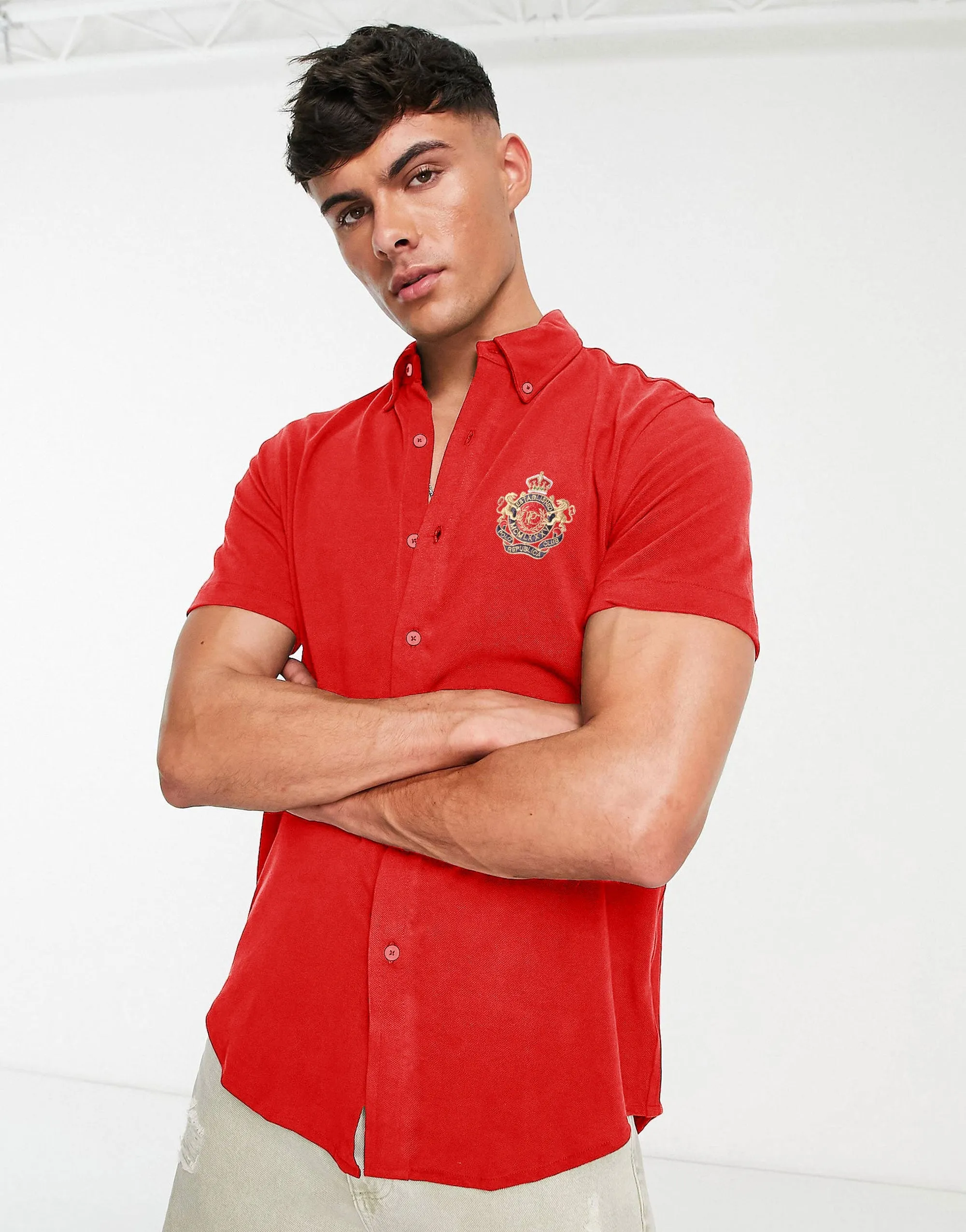 Polo Republica Men's Crest Embroidered Pique Casual Shirt