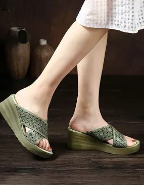 Retro Leather Wedge Heels Sippers Waterproof Retro Leather Wedge Heels Sippers Waterproof