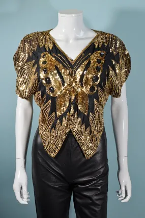 SOLD Vintage 70s Sequin Butterfly Top, Gold Boho Disco Art Deco Sparkle Top S SOLD Vintage 70s Sequin Butterfly Top, Gold Boho Disco Art Deco Sparkle Top S