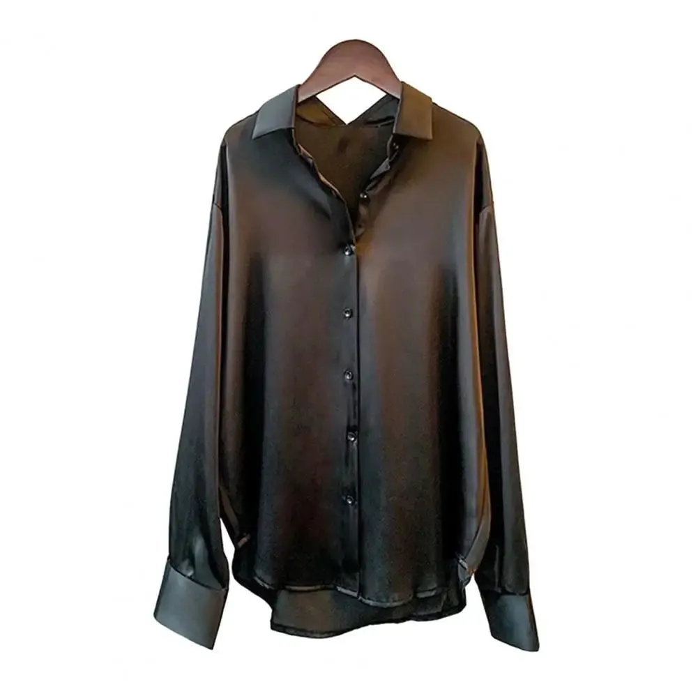 Spring Women Shirt Silky Satin Turn-down Collar Single-breasted Loose Blouse Soft Long Sleeve Formal Business OL Commute Top