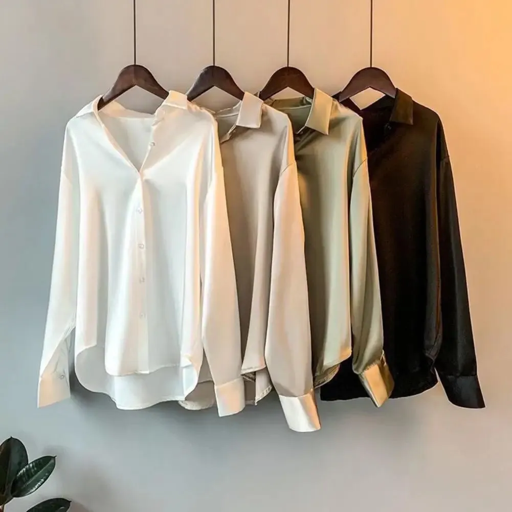 Spring Women Shirt Silky Satin Turn-down Collar Single-breasted Loose Blouse Soft Long Sleeve Formal Business OL Commute Top