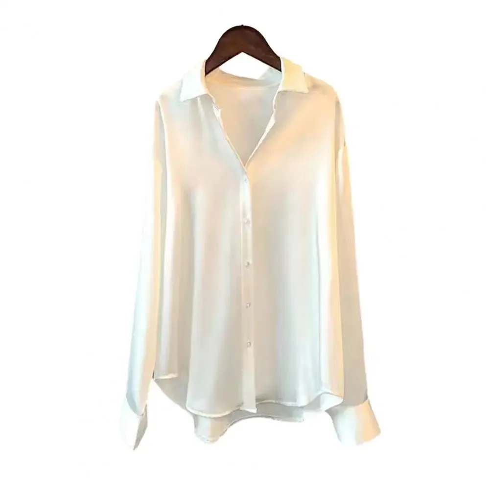 Spring Women Shirt Silky Satin Turn-down Collar Single-breasted Loose Blouse Soft Long Sleeve Formal Business OL Commute Top