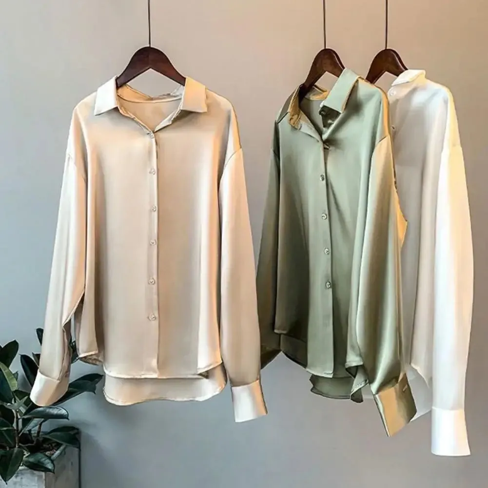 Spring Women Shirt Silky Satin Turn-down Collar Single-breasted Loose Blouse Soft Long Sleeve Formal Business OL Commute Top