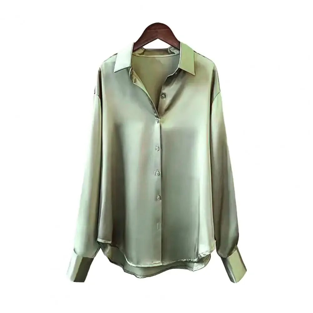 Spring Women Shirt Silky Satin Turn-down Collar Single-breasted Loose Blouse Soft Long Sleeve Formal Business OL Commute Top