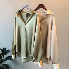 Spring Women Shirt Silky Satin Turn-down Collar Single-breasted Loose Blouse Soft Long Sleeve Formal Business OL Commute Top Spring Women Shirt Silky Satin Turn-down Collar Single-breasted Loose Blouse Soft Long Sleeve Formal Business OL Commute Top
