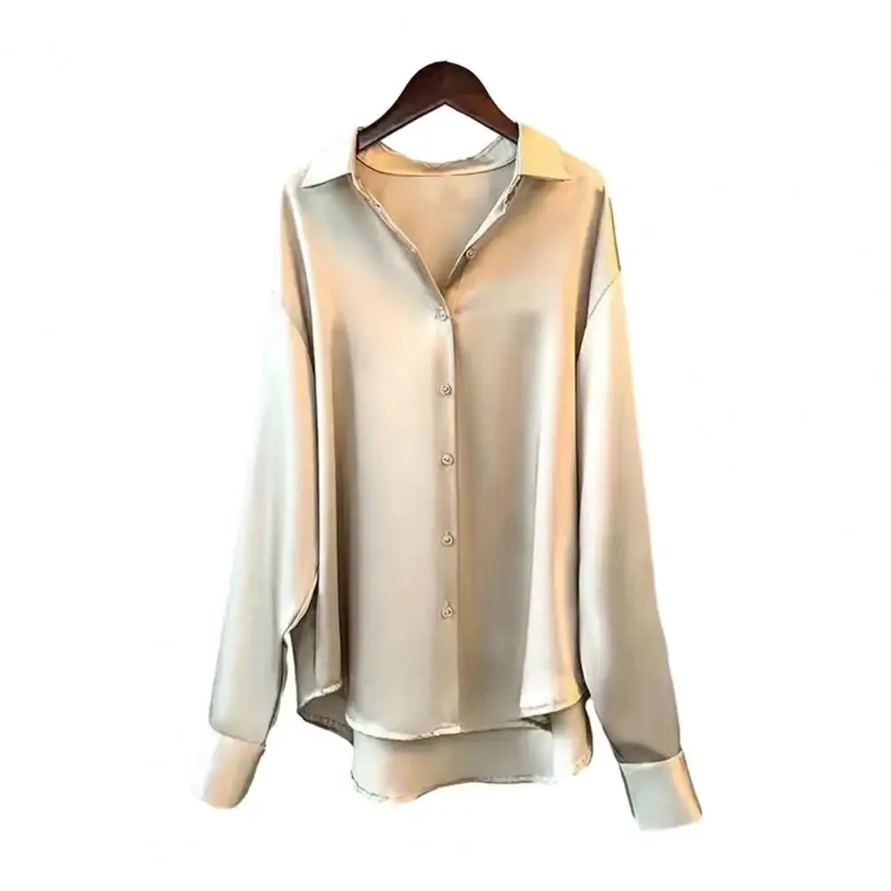 Spring Women Shirt Silky Satin Turn-down Collar Single-breasted Loose Blouse Soft Long Sleeve Formal Business OL Commute Top