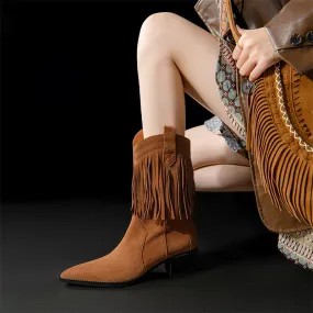 Western Point-Toe Cowgirl Boots With Tassels Handmade Suede Mid Calf Boots in Black/Brown Western Point-Toe Cowgirl Boots With Tassels Handmade Suede Mid Calf Boots in Black/Brown
