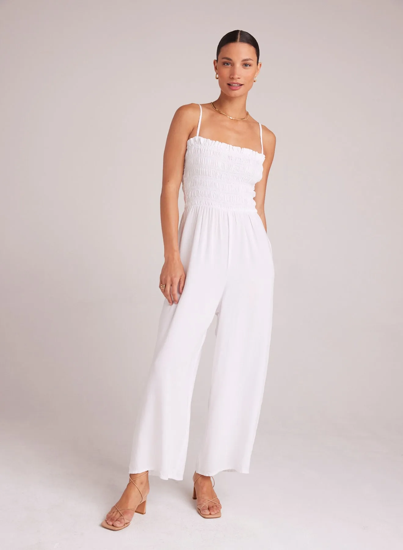 Wide Leg Smocked Ruffle Jumpsuit - French Olive