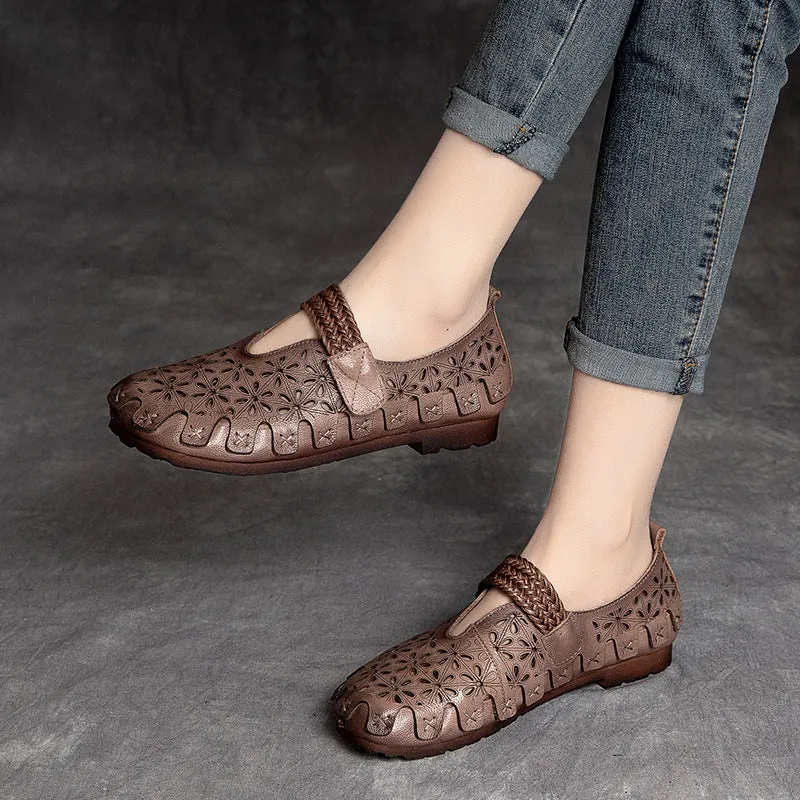 Women Summer Retro Soft Hollow Leather Flats