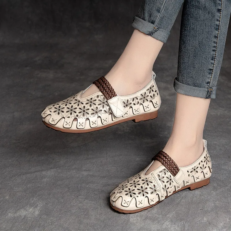 Women Summer Retro Soft Hollow Leather Flats