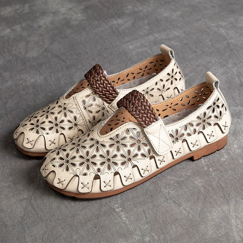 Women Summer Retro Soft Hollow Leather Flats
