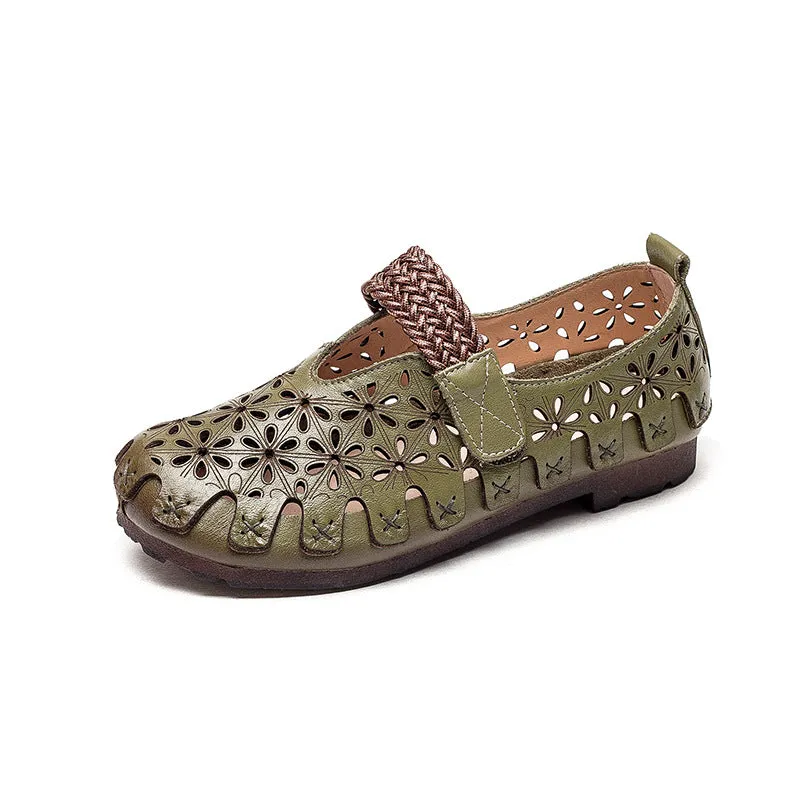 Women Summer Retro Soft Hollow Leather Flats
