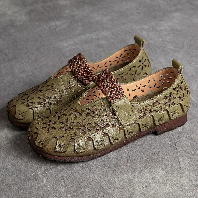 Women Summer Retro Soft Hollow Leather Flats