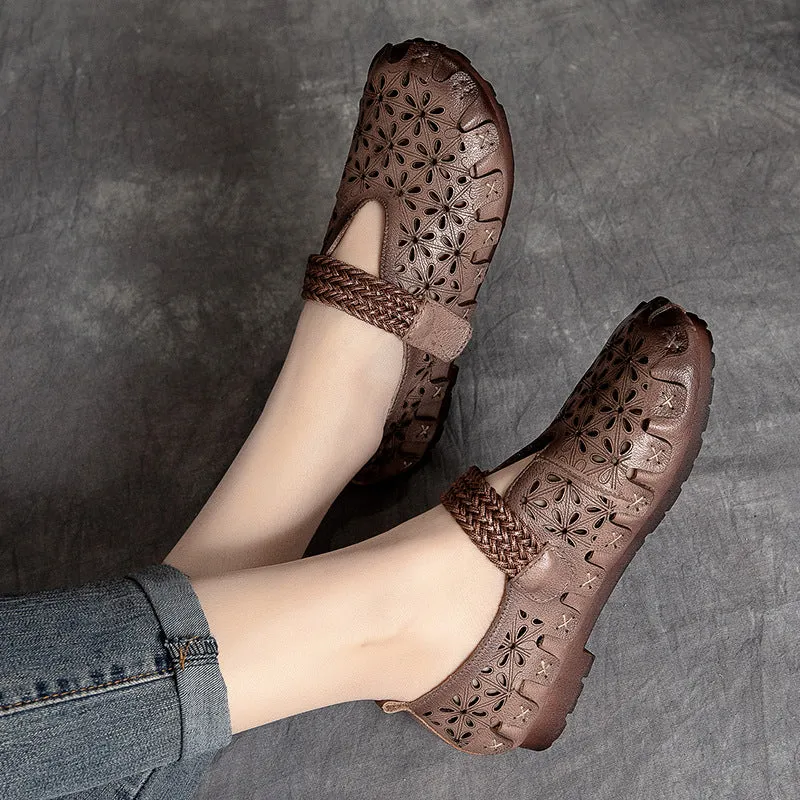 Women Summer Retro Soft Hollow Leather Flats