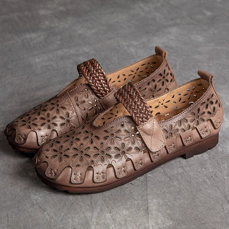 Women Summer Retro Soft Hollow Leather Flats
