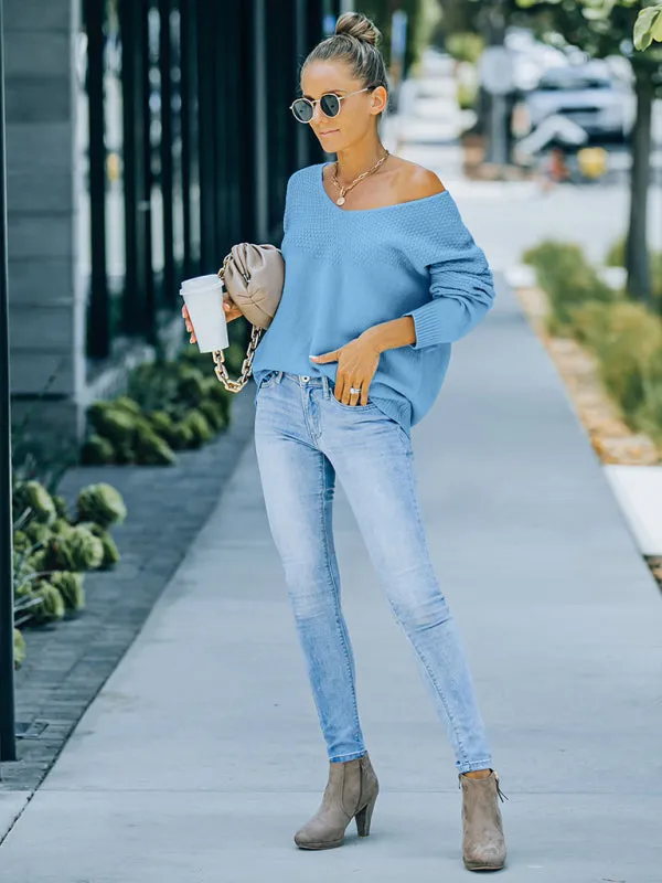 Women's V-Neck Loose Fit Textured Casual Jumper