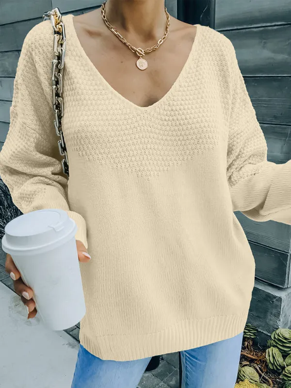 Women's V-Neck Loose Fit Textured Casual Jumper