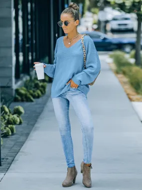 Women's V-Neck Loose Fit Textured Casual Jumper Women's V-Neck Loose Fit Textured Casual Jumper