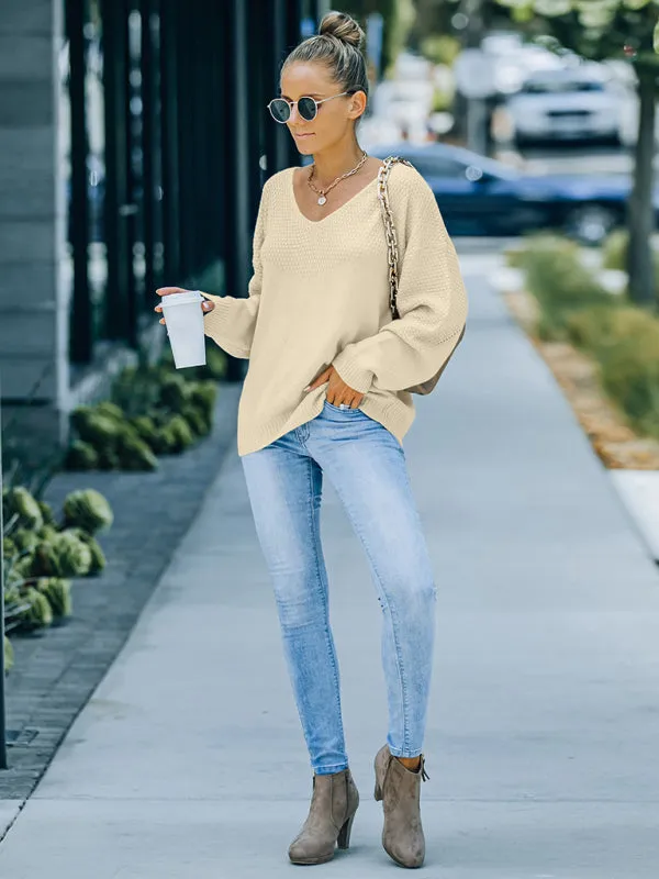 Women's V-Neck Loose Fit Textured Casual Jumper